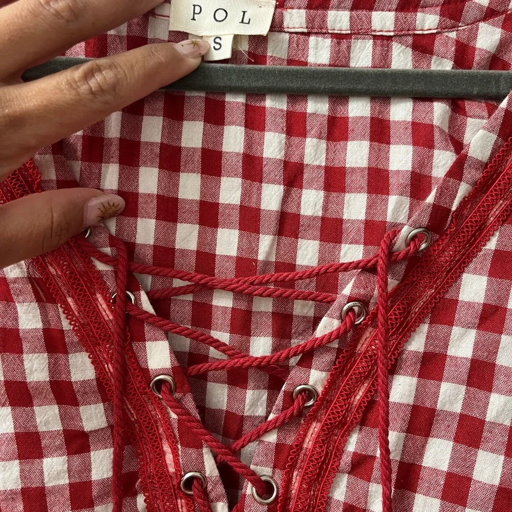 POL Red Gingham Lace-Up Maxi Dress - Picture 2 of 4